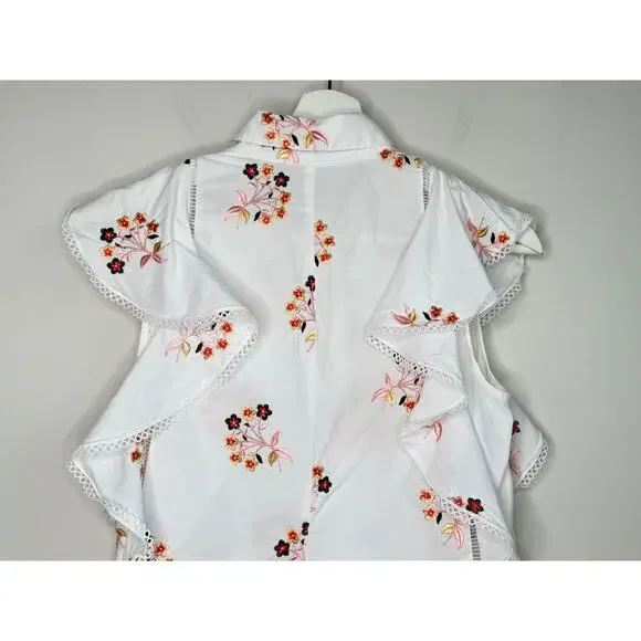 Pearl by Lela Rose Embroidered Floral Ruffle Trim Button-Up Shirt White Small - Picture 7 of 11